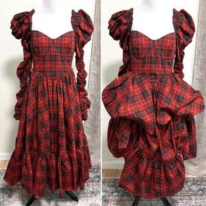 Selkie Royal Tartan Serendipity Dress Red Puff Sleeve Corset Victorian Romantic